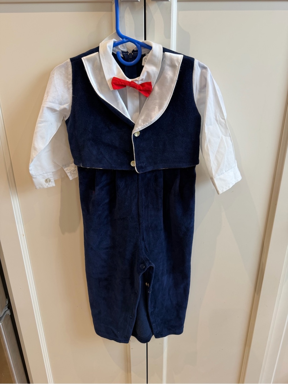 Vintage 24m Navy & White Infant Tuxedo Romper with Red Bow